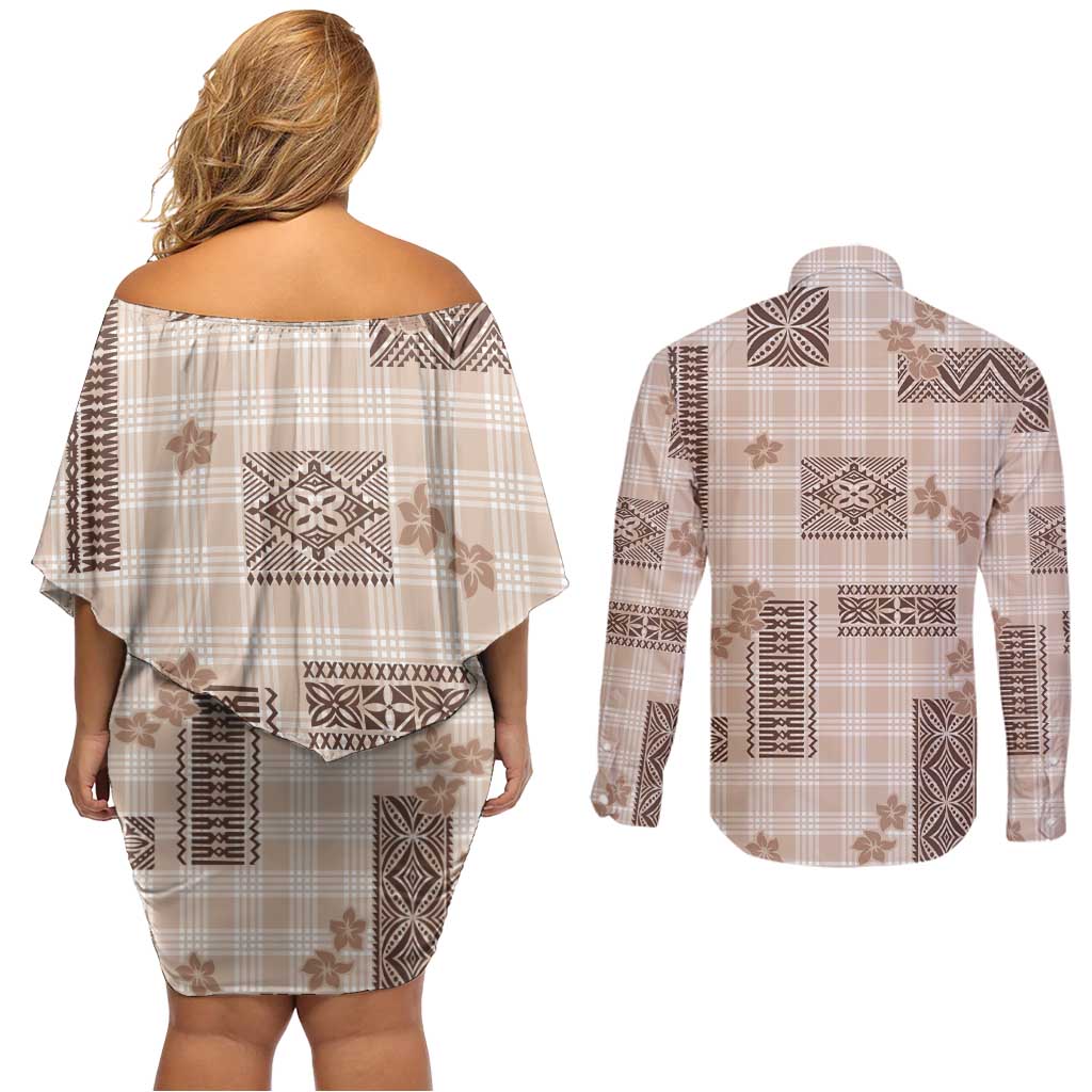 Hawaiian Quilt Tapa On Beige Palaka Motifs Couples Matching Off Shoulder Short Dress and Long Sleeve Button Shirt LT7 - Polynesian Pride