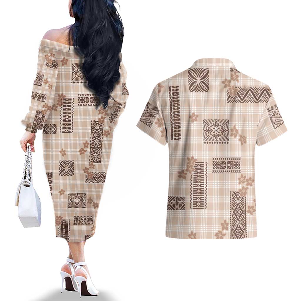 Hawaiian Quilt Tapa On Beige Palaka Motifs Couples Matching Off The Shoulder Long Sleeve Dress and Hawaiian Shirt