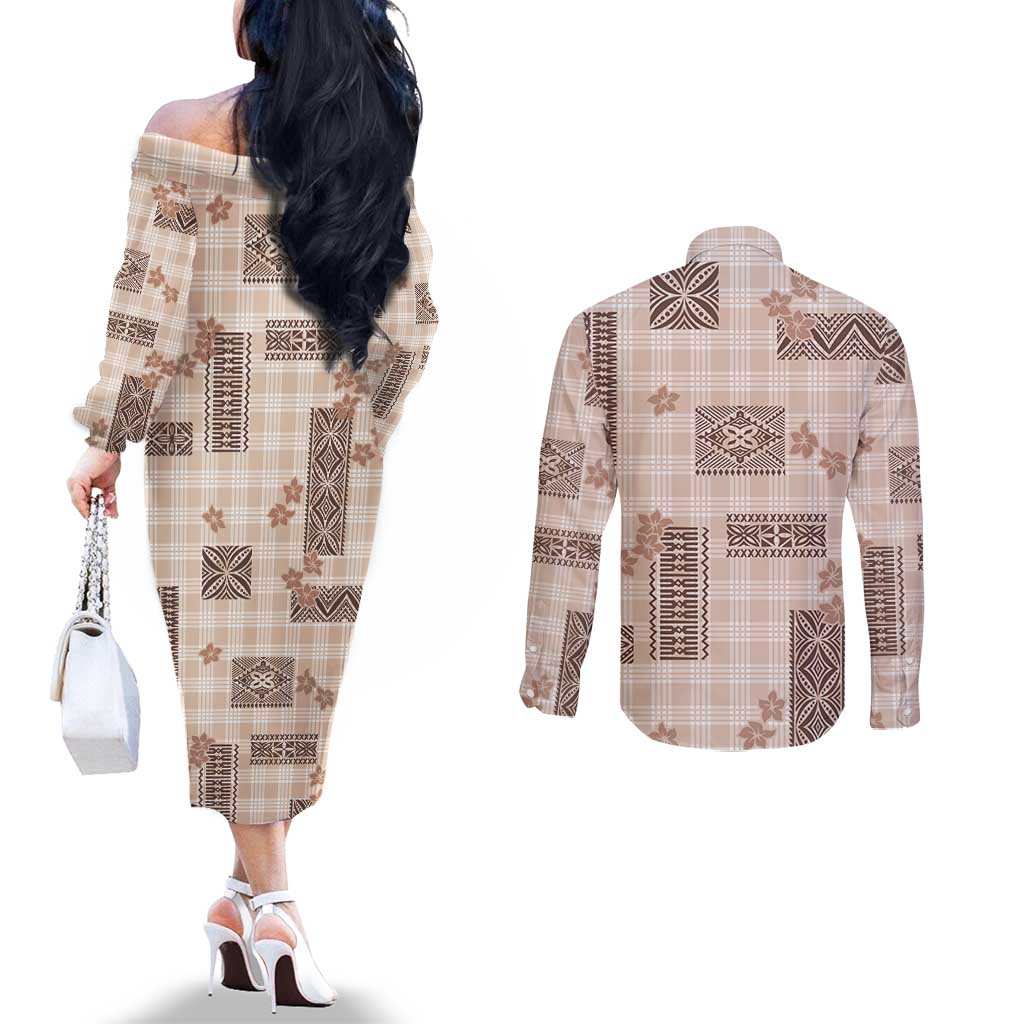 Hawaiian Quilt Tapa On Beige Palaka Motifs Couples Matching Off The Shoulder Long Sleeve Dress and Long Sleeve Button Shirt LT7 - Polynesian Pride