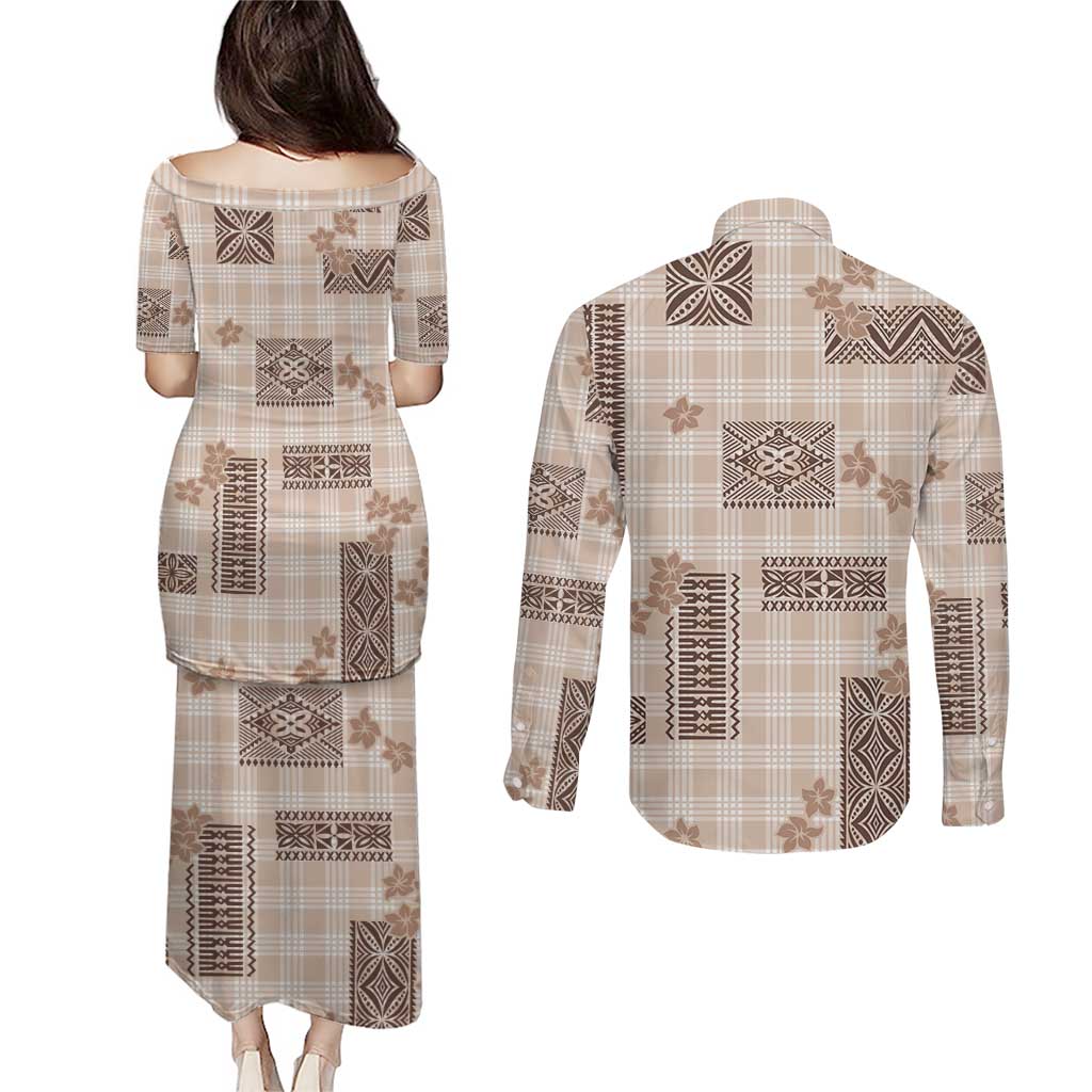 Hawaiian Quilt Tapa On Beige Palaka Motifs Couples Matching Puletasi and Long Sleeve Button Shirt LT7 - Polynesian Pride