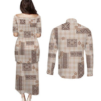 Hawaiian Quilt Tapa On Beige Palaka Motifs Couples Matching Puletasi and Long Sleeve Button Shirt LT7 - Polynesian Pride