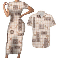 Hawaiian Quilt Tapa On Beige Palaka Motifs Couples Matching Short Sleeve Bodycon Dress and Hawaiian Shirt
