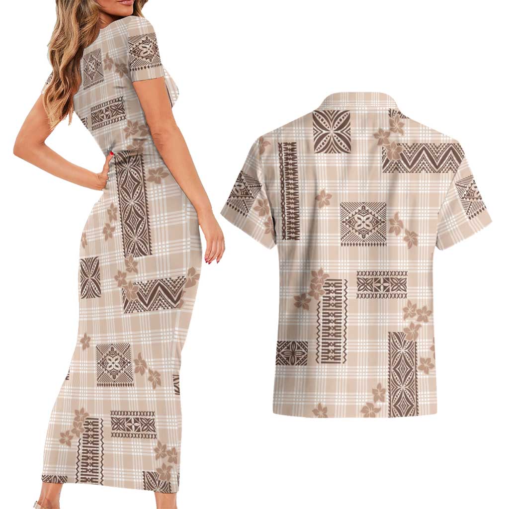 Hawaiian Quilt Tapa On Beige Palaka Motifs Couples Matching Short Sleeve Bodycon Dress and Hawaiian Shirt