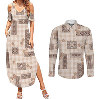 Hawaiian Quilt Tapa On Beige Palaka Motifs Couples Matching Summer Maxi Dress and Long Sleeve Button Shirt LT7 Beige - Polynesian Pride