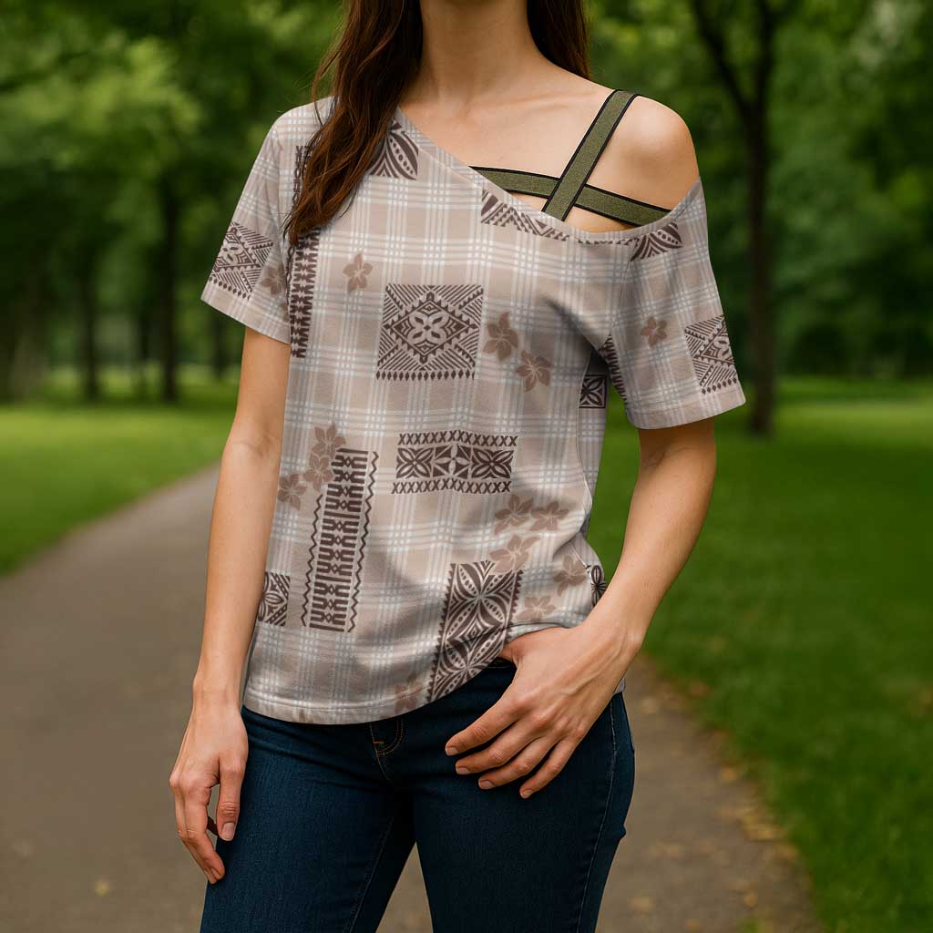 Hawaiian Quilt Tapa On Beige Palaka Motifs Cross Shoulder Shirt