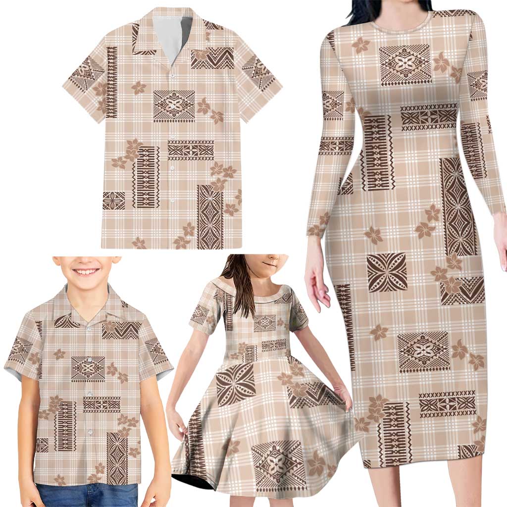 Hawaiian Quilt Tapa On Beige Palaka Motifs Family Matching Long Sleeve Bodycon Dress and Hawaiian Shirt LT7 - Polynesian Pride