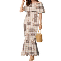 Hawaiian Quilt Tapa On Beige Palaka Motifs Family Matching Mermaid Dress and Hawaiian Shirt LT7 Mom's Dress Beige - Polynesian Pride