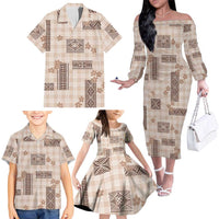 Hawaiian Quilt Tapa On Beige Palaka Motifs Family Matching Off The Shoulder Long Sleeve Dress and Hawaiian Shirt LT7 - Polynesian Pride