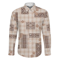 Hawaiian Quilt Tapa On Beige Palaka Motifs Family Matching Off The Shoulder Long Sleeve Dress and Hawaiian Shirt LT7 Dad's Shirt - Long Sleeve Beige - Polynesian Pride