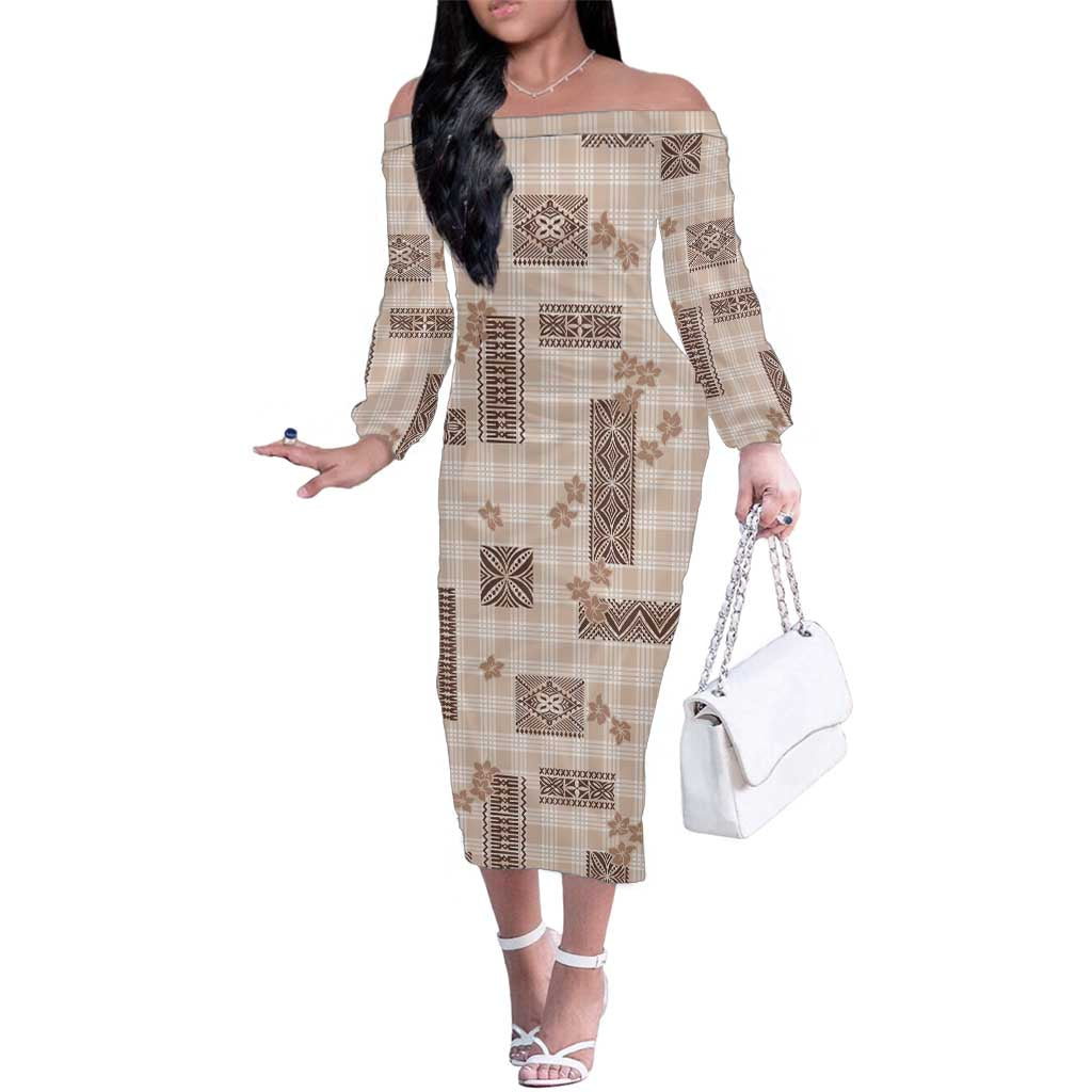 Hawaiian Quilt Tapa On Beige Palaka Motifs Family Matching Off The Shoulder Long Sleeve Dress and Hawaiian Shirt LT7 Mom's Dress Beige - Polynesian Pride