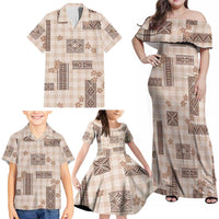 Hawaiian Quilt Tapa On Beige Palaka Motifs Family Matching Off Shoulder Maxi Dress and Hawaiian Shirt LT7 - Polynesian Pride
