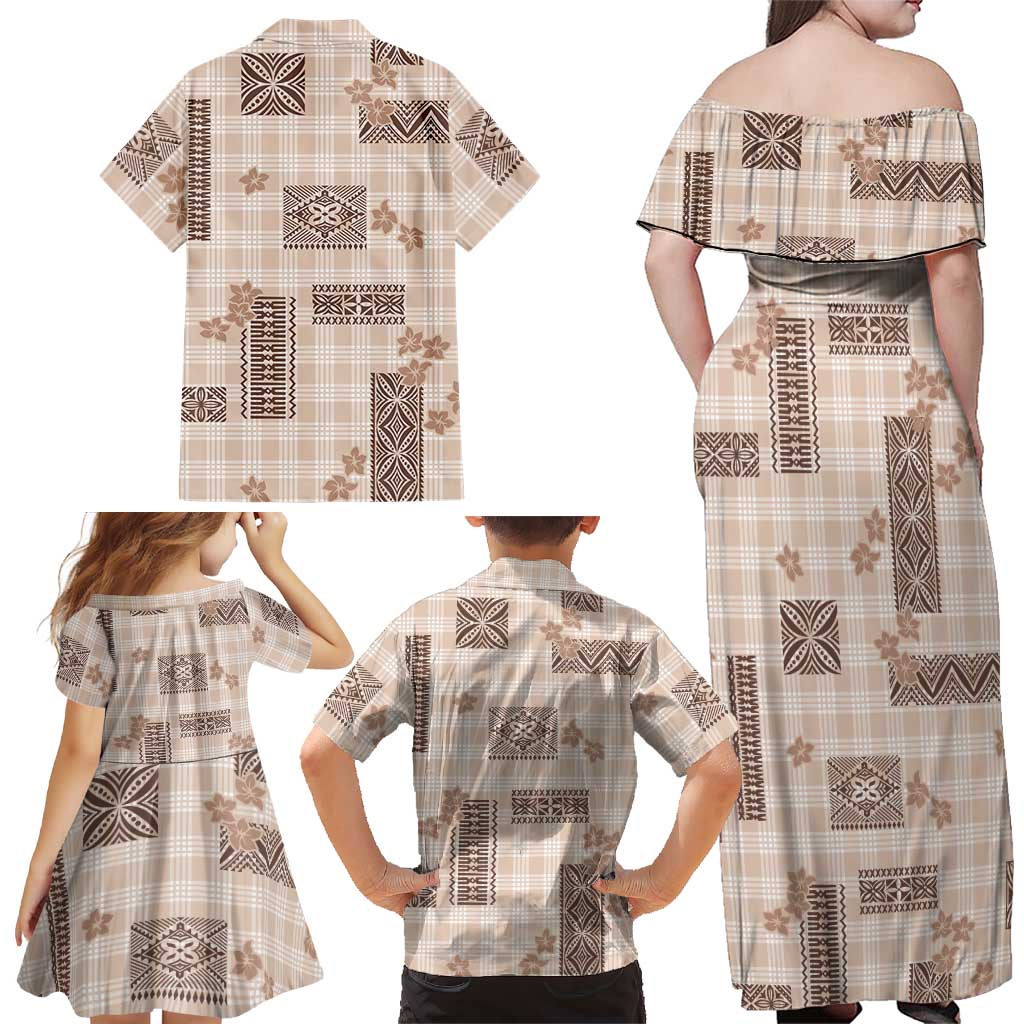 Hawaiian Quilt Tapa On Beige Palaka Motifs Family Matching Off Shoulder Maxi Dress and Hawaiian Shirt LT7 - Polynesian Pride