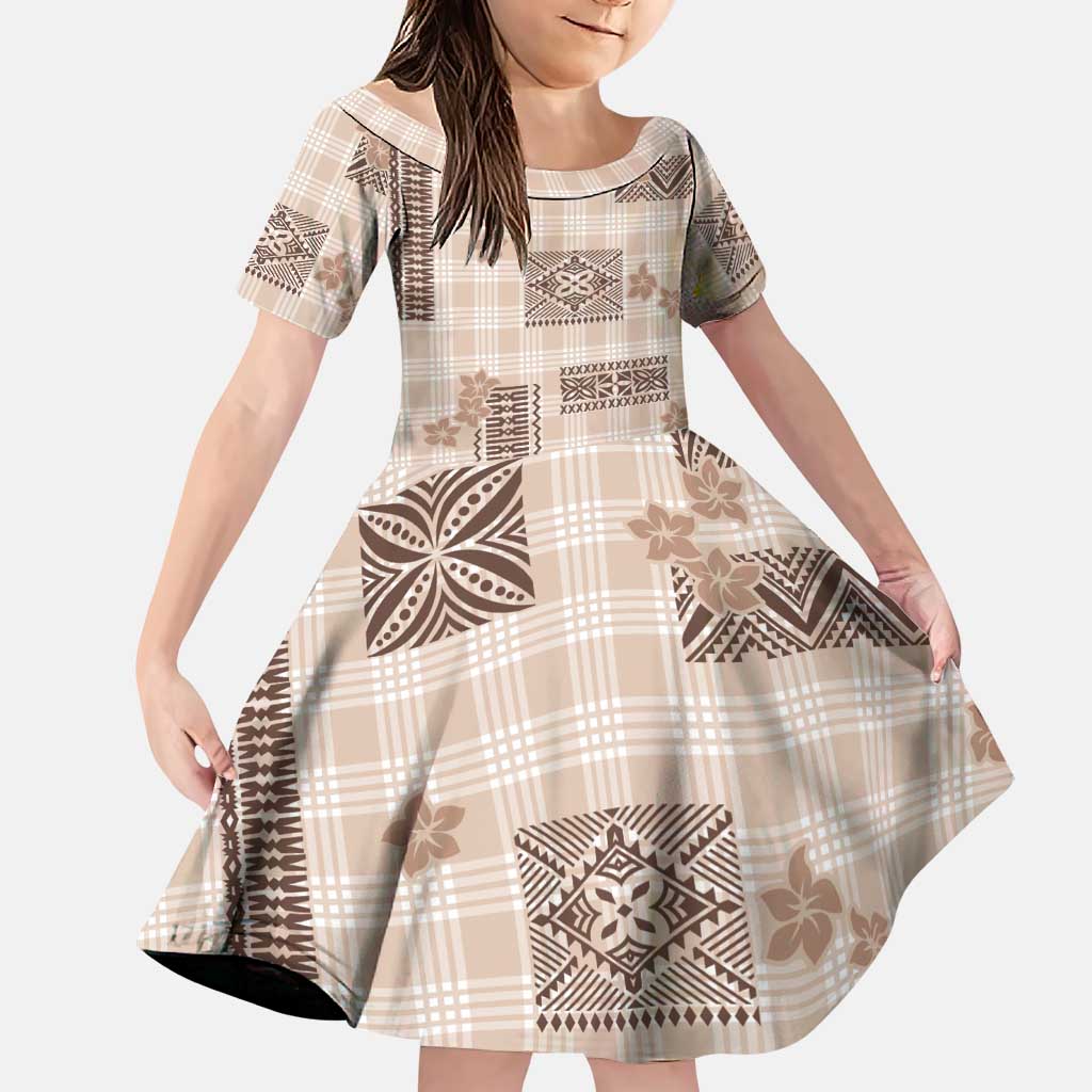 Hawaiian Quilt Tapa On Beige Palaka Motifs Family Matching Off Shoulder Short Dress and Hawaiian Shirt LT7 Daughter's Dress Beige - Polynesian Pride