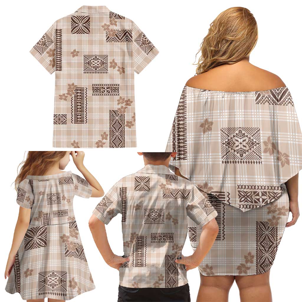Hawaiian Quilt Tapa On Beige Palaka Motifs Family Matching Off Shoulder Short Dress and Hawaiian Shirt LT7 - Polynesian Pride