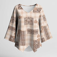 Hawaiian Quilt Tapa On Beige Palaka Motifs Kimono Sleeve Blouse LT7 Female Beige - Polynesian Pride