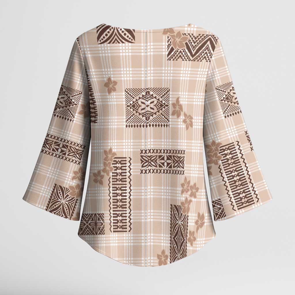 Hawaiian Quilt Tapa On Beige Palaka Motifs Kimono Sleeve Blouse LT7 - Polynesian Pride