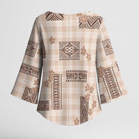 Hawaiian Quilt Tapa On Beige Palaka Motifs Kimono Sleeve Blouse LT7 - Polynesian Pride