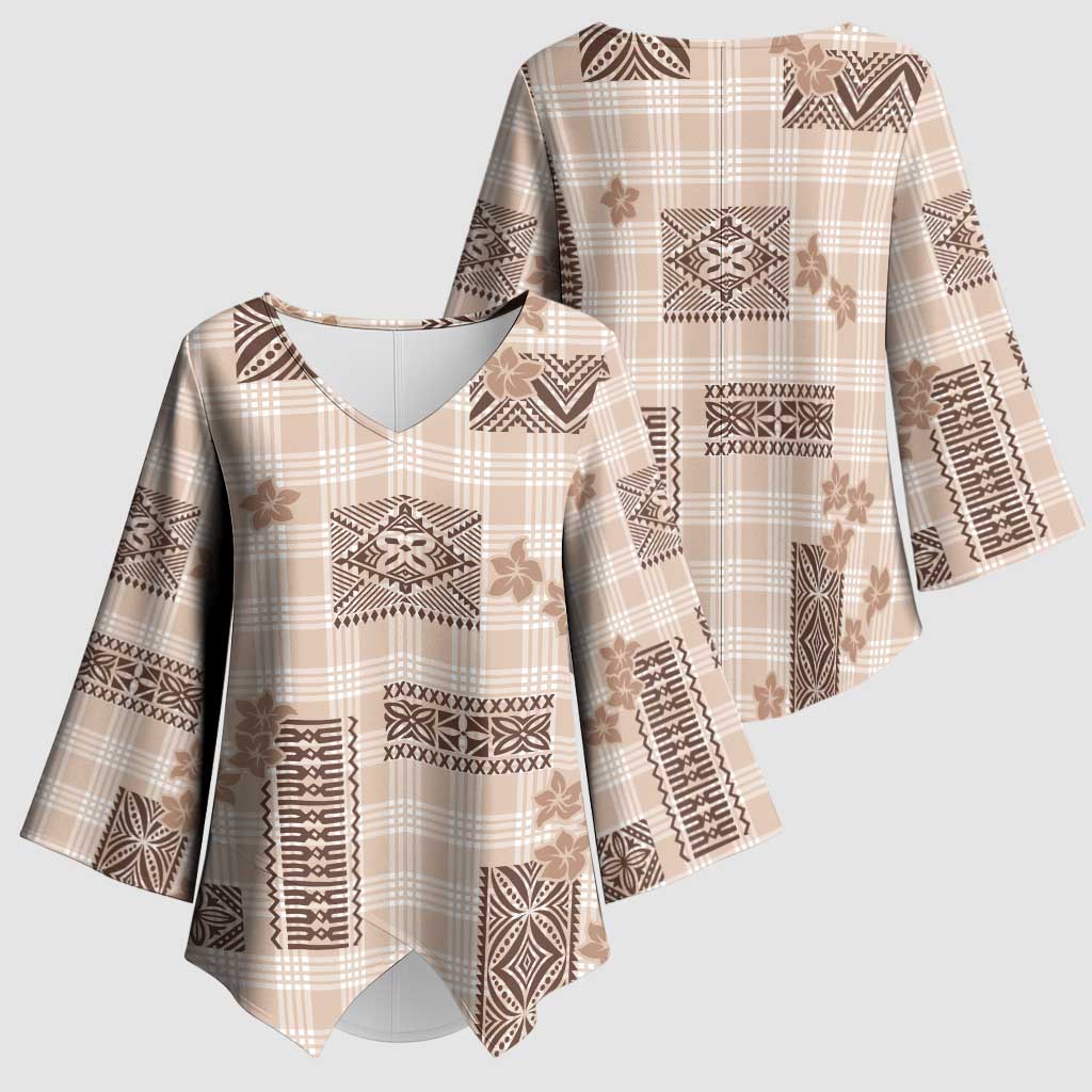 Hawaiian Quilt Tapa On Beige Palaka Motifs Kimono Sleeve Blouse LT7 - Polynesian Pride