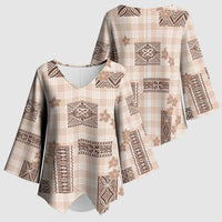 Hawaiian Quilt Tapa On Beige Palaka Motifs Kimono Sleeve Blouse LT7 - Polynesian Pride