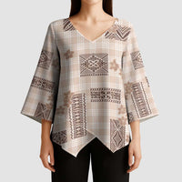 Hawaiian Quilt Tapa On Beige Palaka Motifs Kimono Sleeve Blouse LT7 - Polynesian Pride