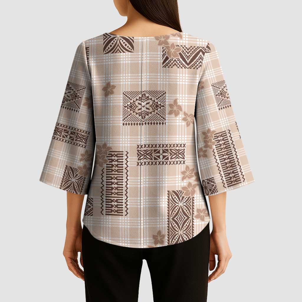 Hawaiian Quilt Tapa On Beige Palaka Motifs Kimono Sleeve Blouse LT7 - Polynesian Pride