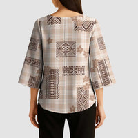 Hawaiian Quilt Tapa On Beige Palaka Motifs Kimono Sleeve Blouse LT7 - Polynesian Pride