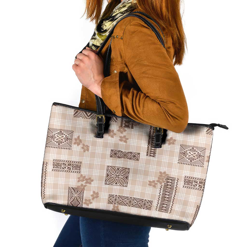 Hawaiian Quilt Tapa On Beige Palaka Motifs Leather Tote Bag