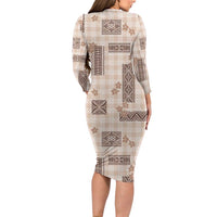 Hawaiian Quilt Tapa On Beige Palaka Motifs Long Sleeve Bodycon Dress LT7 - Polynesian Pride