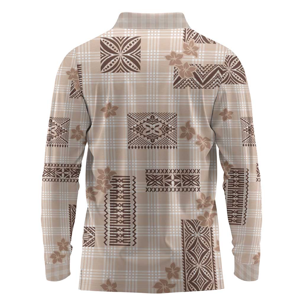 Hawaiian Quilt Tapa On Beige Palaka Motifs Long Sleeve Polo Shirt