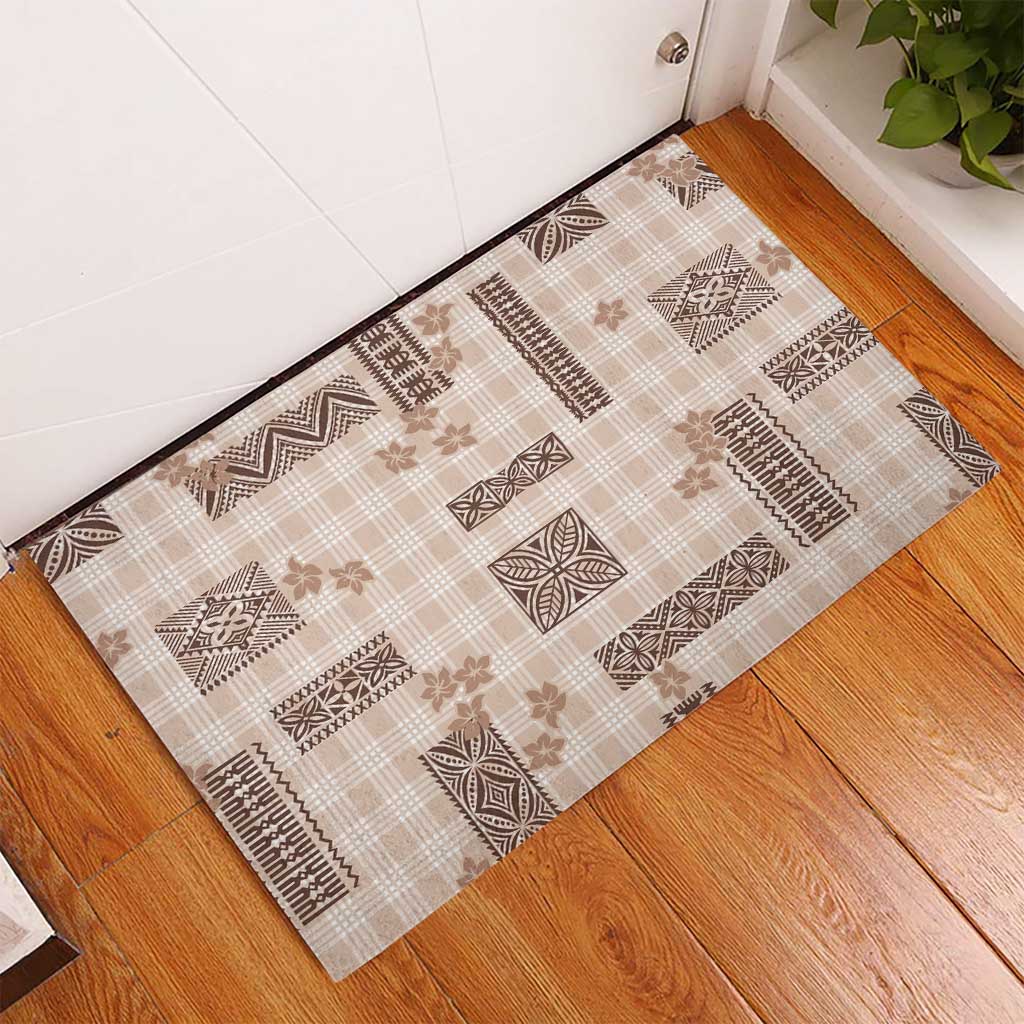 Hawaiian Quilt Tapa On Beige Palaka Motifs Rubber Doormat