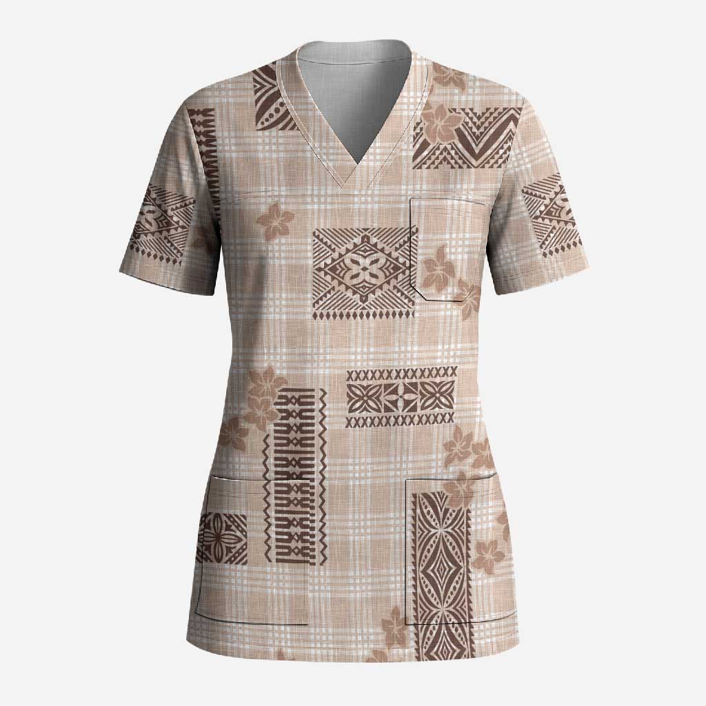 Hawaiian Quilt Tapa On Beige Palaka Motifs Scrub Top LT7 Adult Beige - Polynesian Pride