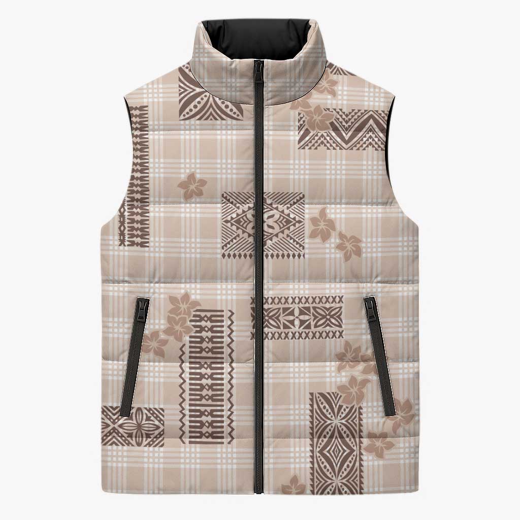 Hawaiian Quilt Tapa On Beige Palaka Motifs Sleeveless Puffer Jacket LT7 Unisex Beige - Polynesian Pride