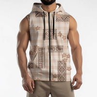 Hawaiian Quilt Tapa On Beige Palaka Motifs Sleeveless Zip Hoodie LT7 - Polynesian Pride