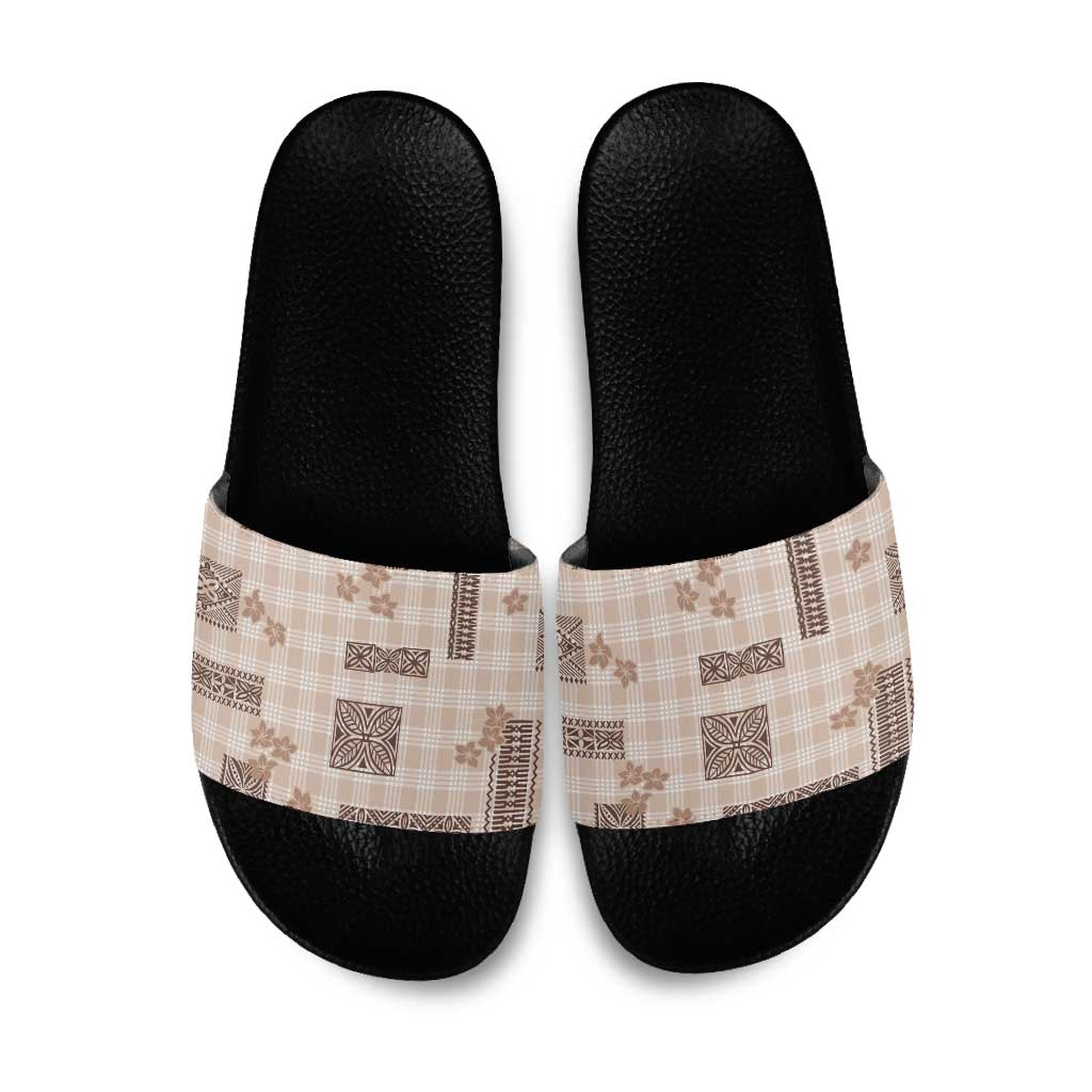 Hawaiian Quilt Tapa On Beige Palaka Motifs Slide Sandals