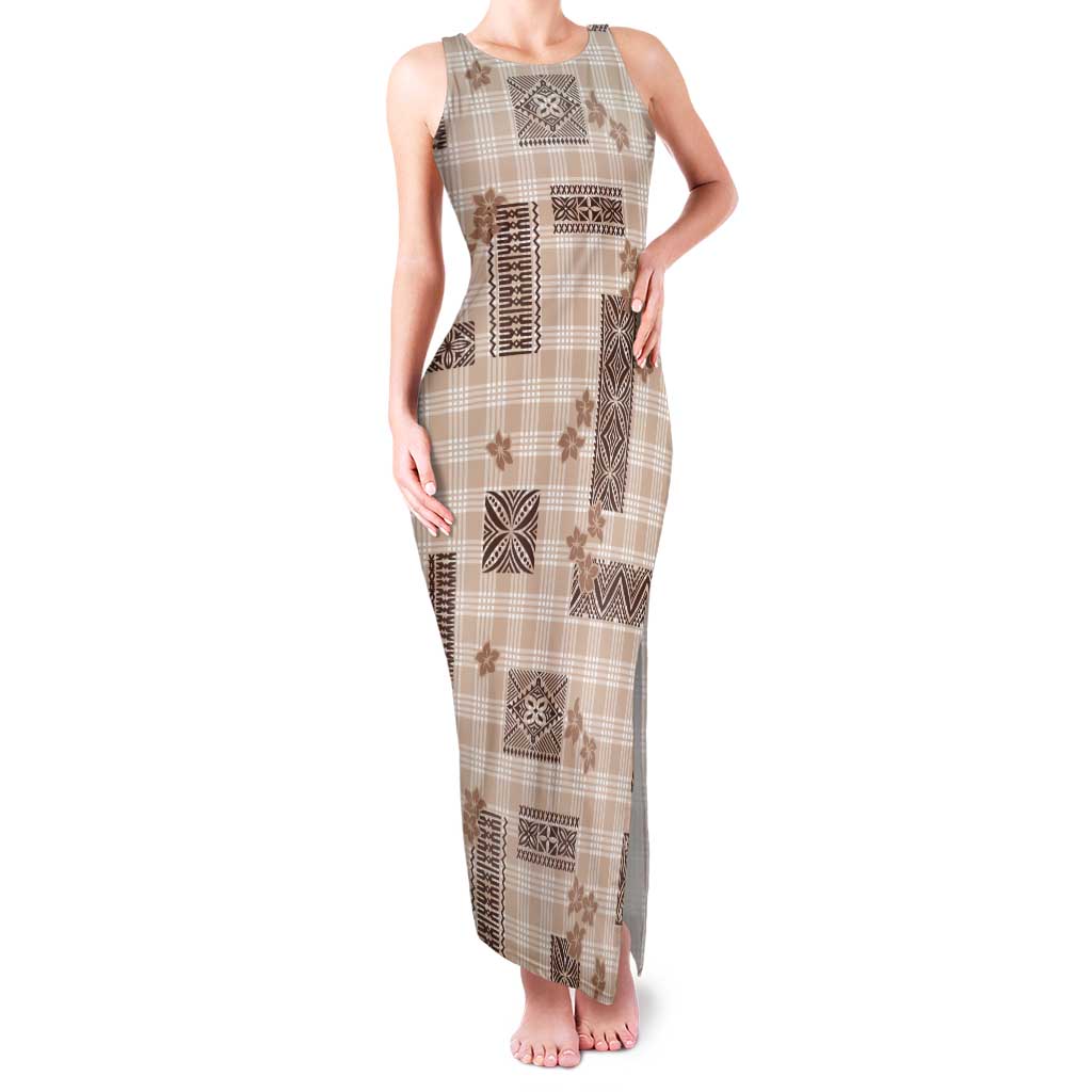 Hawaiian Quilt Tapa On Beige Palaka Motifs Tank Maxi Dress