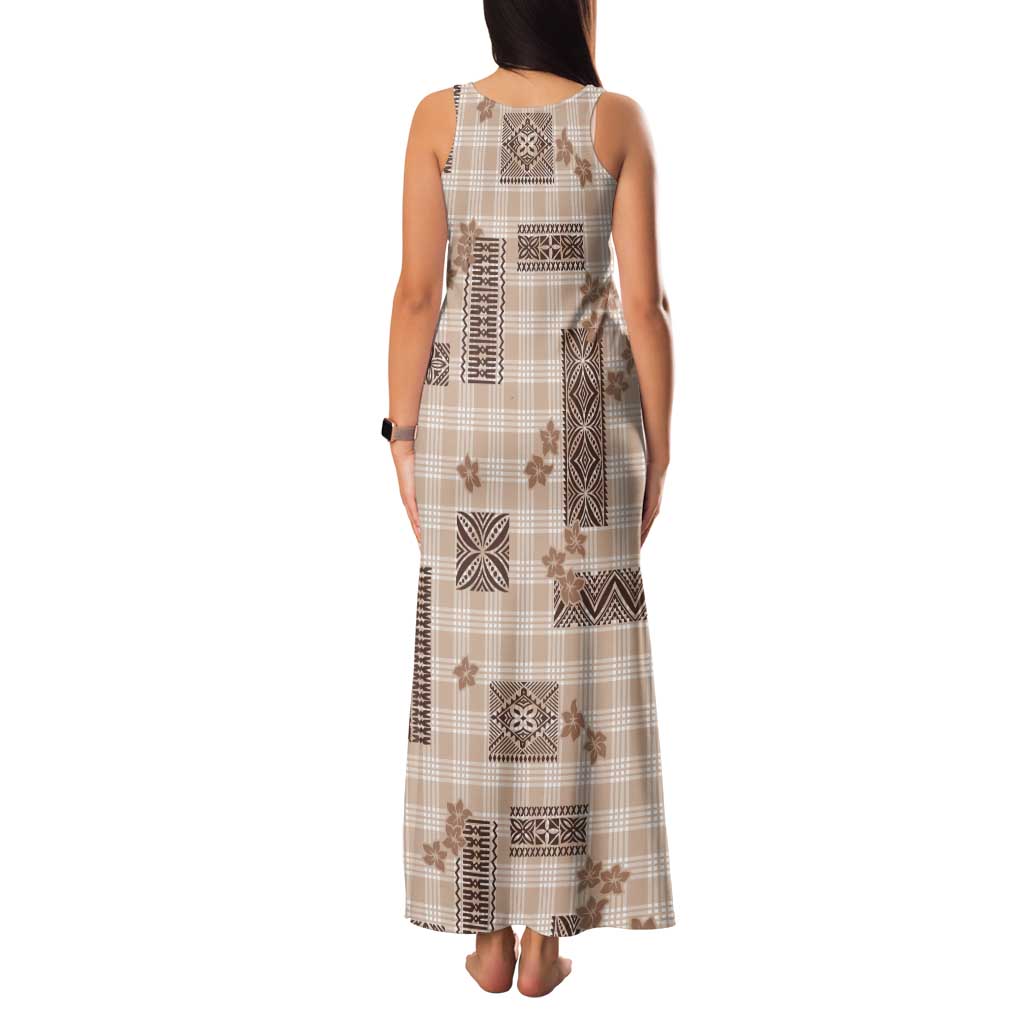 Hawaiian Quilt Tapa On Beige Palaka Motifs Tank Maxi Dress