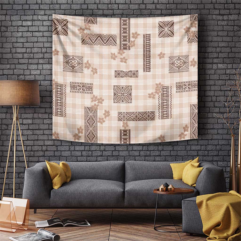 Hawaiian Quilt Tapa On Beige Palaka Motifs Tapestry