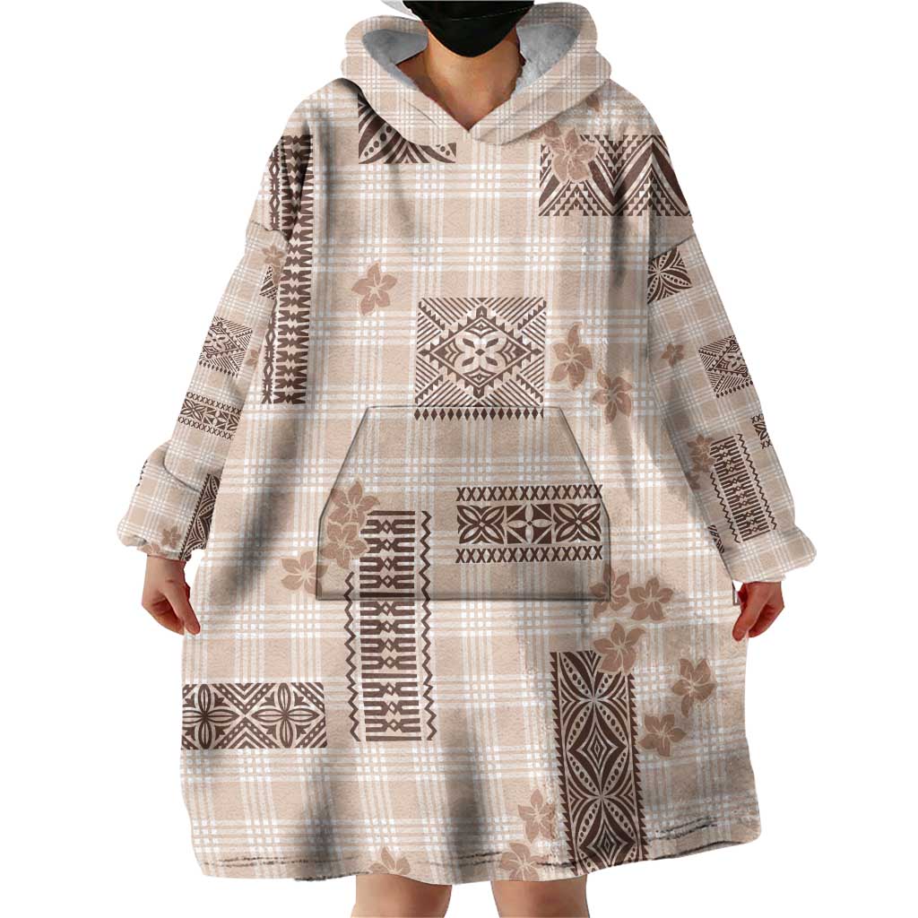 Hawaiian Quilt Tapa On Beige Palaka Motifs Wearable Blanket Hoodie LT7 - Polynesian Pride