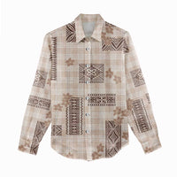 Hawaiian Quilt Tapa On Beige Palaka Motifs Women Casual Shirt LT7 - Polynesian Pride