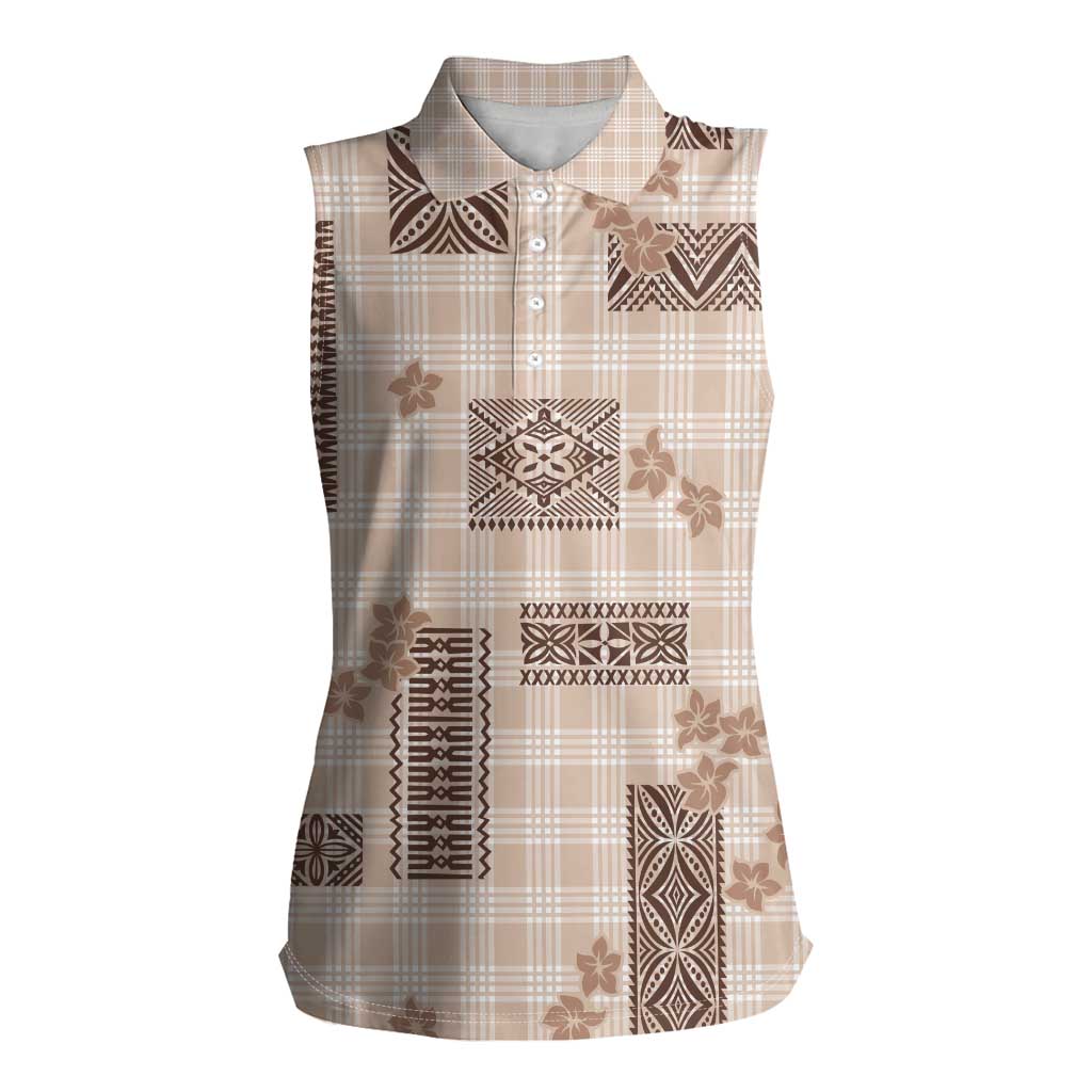 Hawaiian Quilt Tapa On Beige Palaka Motifs Women Sleeveless Polo Shirt