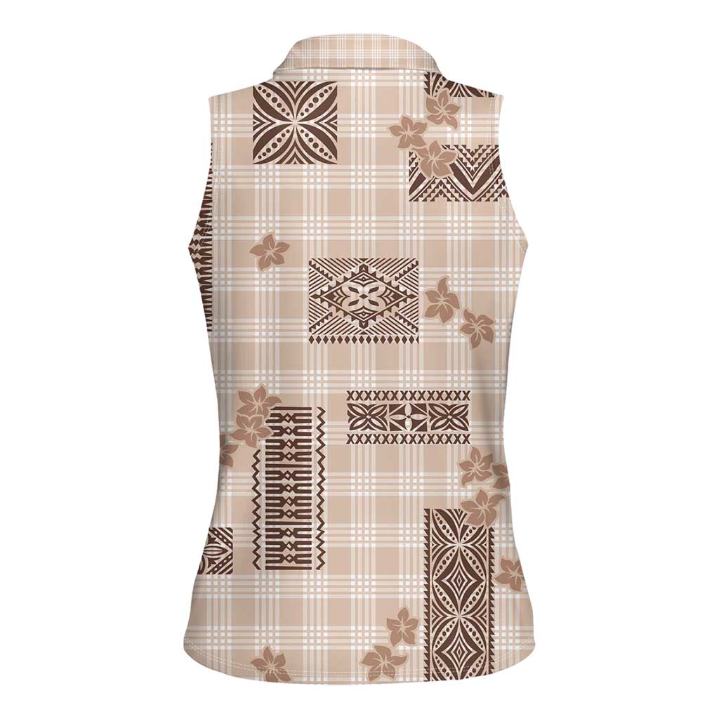 Hawaiian Quilt Tapa On Beige Palaka Motifs Women Sleeveless Polo Shirt LT7 - Polynesian Pride