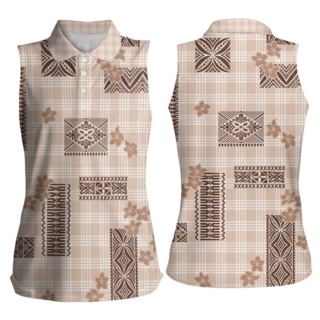 Hawaiian Quilt Tapa On Beige Palaka Motifs Women Sleeveless Polo Shirt LT7 - Polynesian Pride