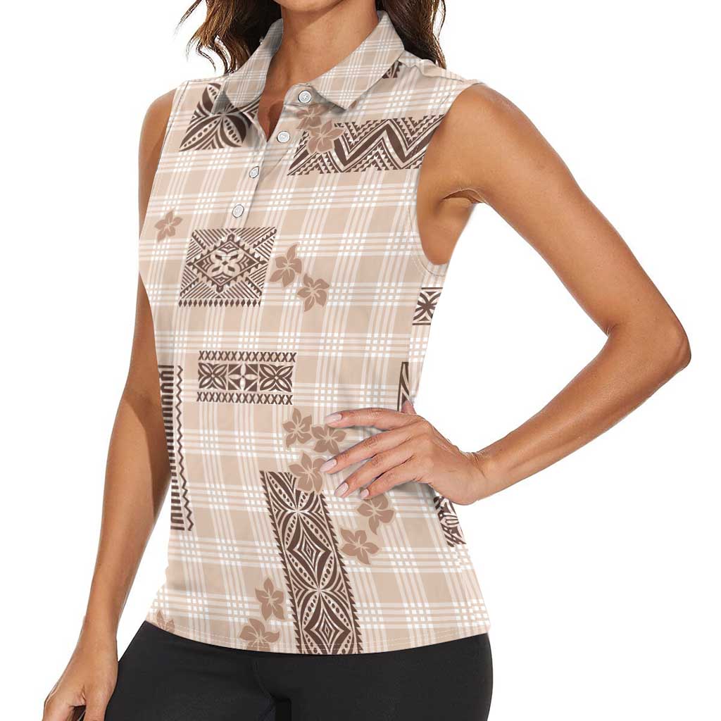 Hawaiian Quilt Tapa On Beige Palaka Motifs Women Sleeveless Polo Shirt LT7 - Polynesian Pride
