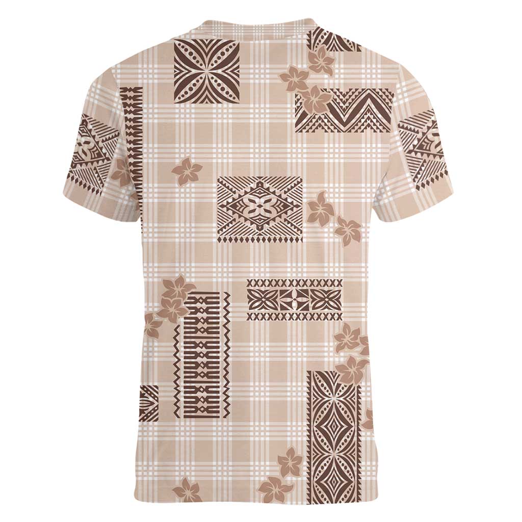 Hawaiian Quilt Tapa On Beige Palaka Motifs Women V-Neck T-Shirt LT7 - Polynesian Pride