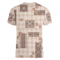 Hawaiian Quilt Tapa On Beige Palaka Motifs Women V-Neck T-Shirt LT7 - Polynesian Pride