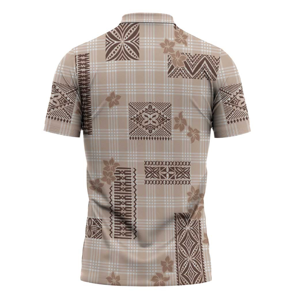 Hawaiian Quilt Tapa On Beige Palaka Motifs Zipper Polo Shirt