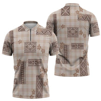 Hawaiian Quilt Tapa On Beige Palaka Motifs Zipper Polo Shirt