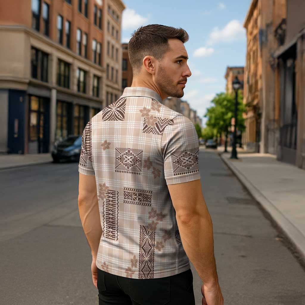 Hawaiian Quilt Tapa On Beige Palaka Motifs Zipper Polo Shirt