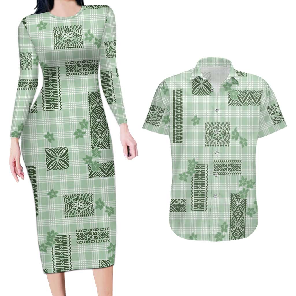 Hawaiian Quilt Tapa On Pastel Mint Palaka Motifs Couples Matching Long Sleeve Bodycon Dress and Hawaiian Shirt