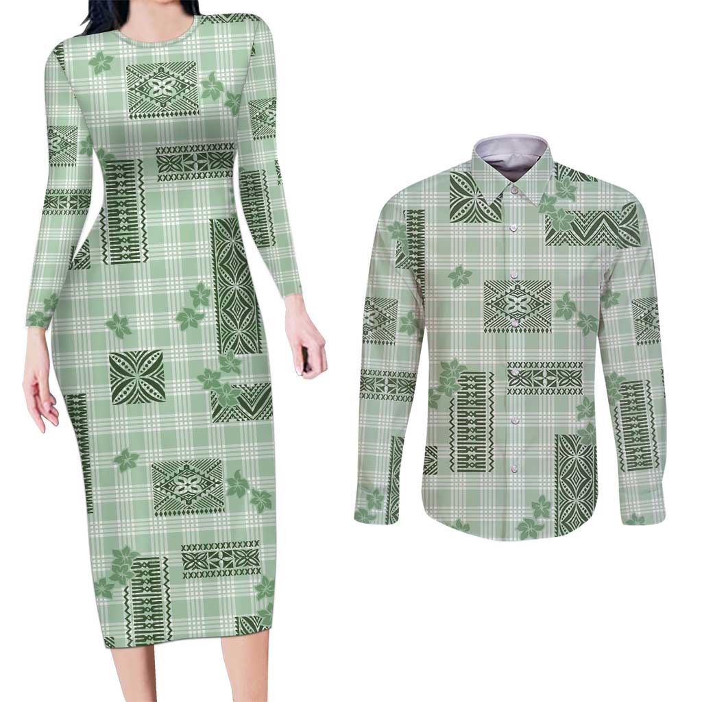 Hawaiian Quilt Tapa On Pastel Mint Palaka Motifs Couples Matching Long Sleeve Bodycon Dress and Long Sleeve Button Shirt LT7 Mint - Polynesian Pride